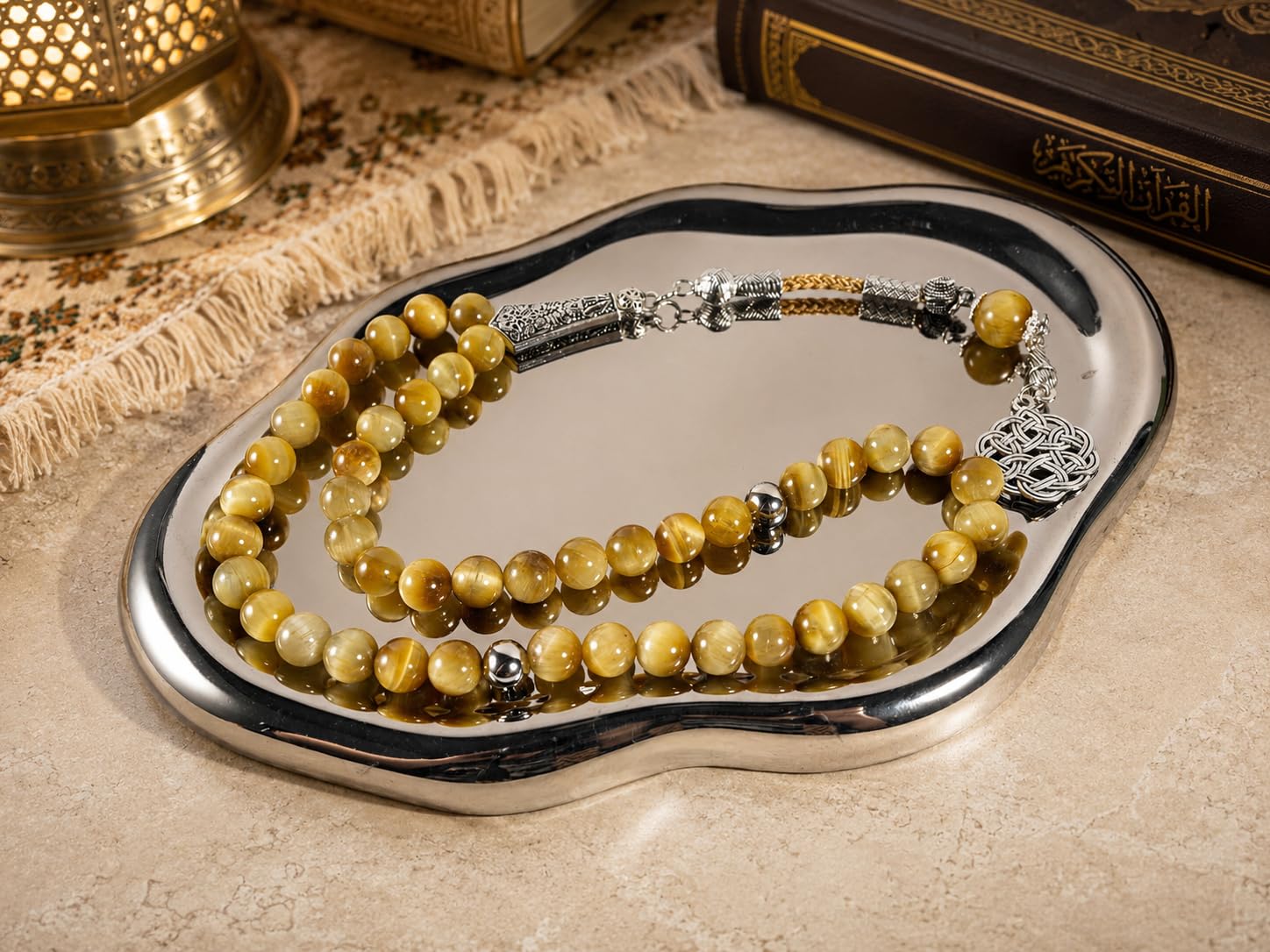 Tasbih złoty łańcuszek modlitewny z 45 perełkami Misbaha ze srebrnym frędzlem i pudełkiem na prezent, tygrysie oko, koraliki modlitewne dla mężczyzn, ojca, męża, Ramadan Eid prezent urodzinowy