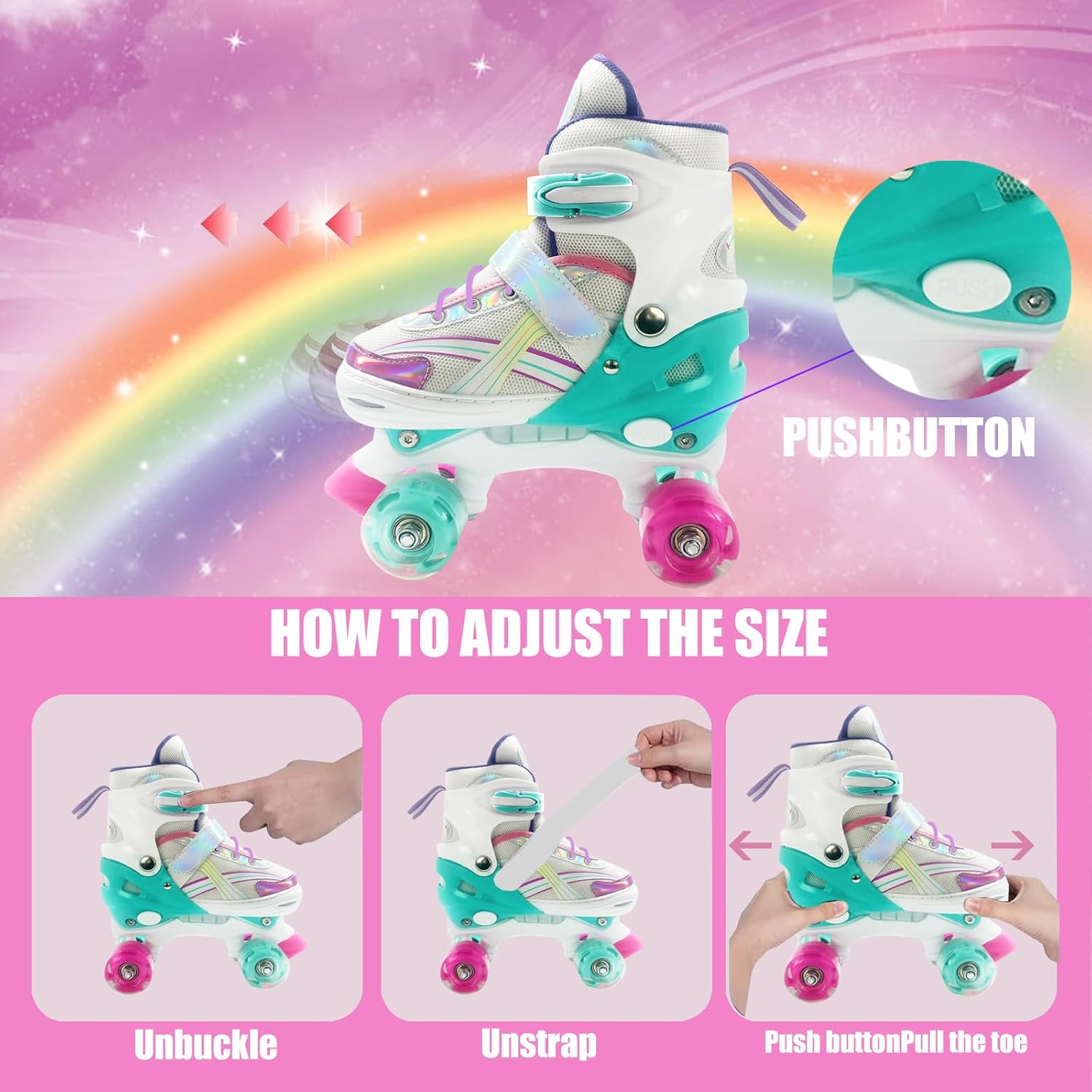 Adjustable Roller Skates for Boys Girls Ages 3-12, All 8 Wheels of Roller Skates Light Up with Protective Gear Set Gift for Youth Kids Indoor & Outdoor Beginners