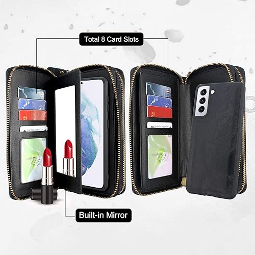 Miniatura 4 de Harryshell Funda compatible con Samsung Galaxy S21+ S21 Plus 5G de 6.7 pulgadas, cartera con múltiples cremalleras, funda magnética desmontable,