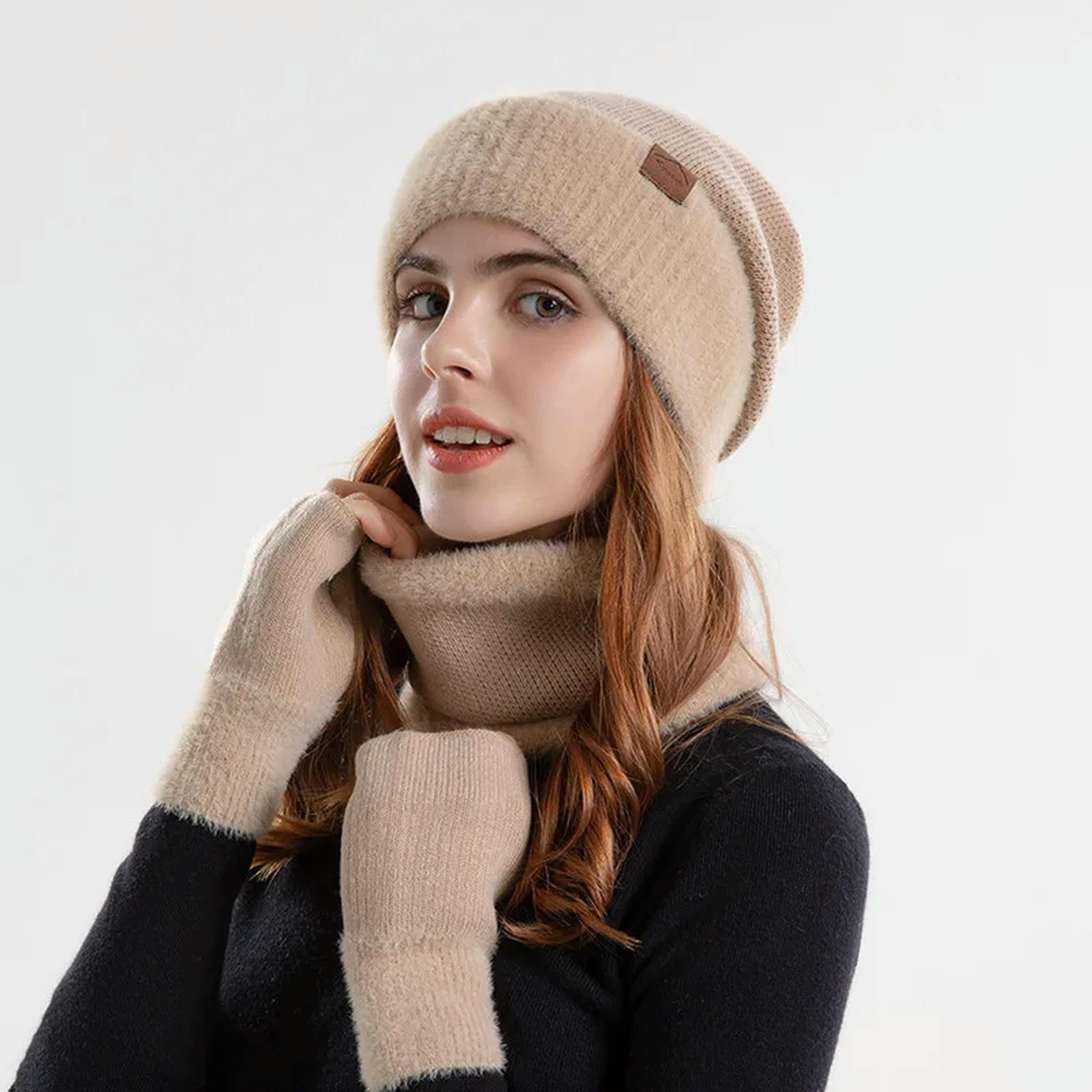 Schal Mütze Handschuh Set Winter Gestrickte Mütze Hut Halswärmer Handschuhe Mode Außenhut Für Frauen
