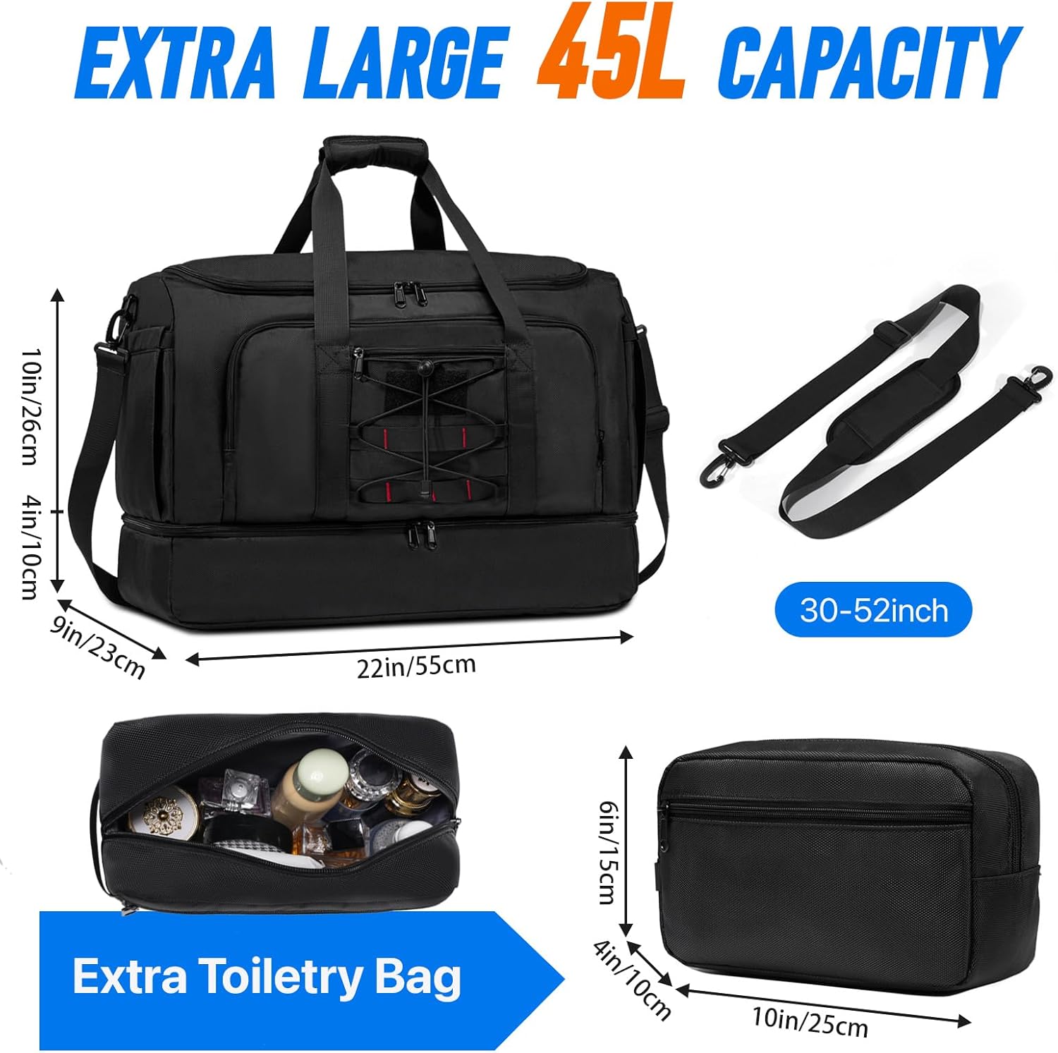 Travel Bag for Men Women, Duffle Bag & Gym Bag with Shoe Compartment, Weekender Overnight Bag with Toiletry Bag and Carry on Bags for Travel, Flight Airplane, Fit Trip, Gym, Yoga, Black - Image 4