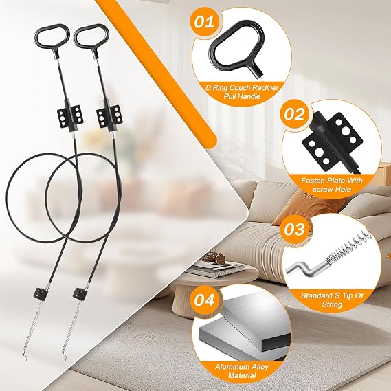 2 Pack Recliner Cable Replacement Sofa Recliner Parts, D-Ring Release Pull Handle for Couch Sofa Recliner Repair, Exposed Length 4.72 with S Tip