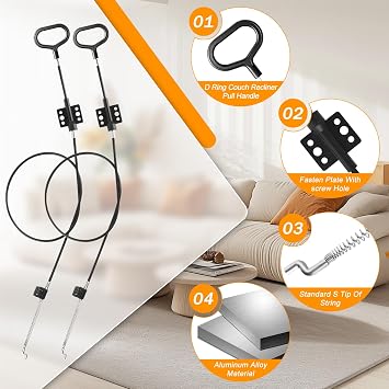 2 Pack Recliner Cable Replacement Sofa Recliner Parts, D-Ring Release Pull Handle for Couch Sofa Recliner Repair, Exposed Length 4.72 with S Tip