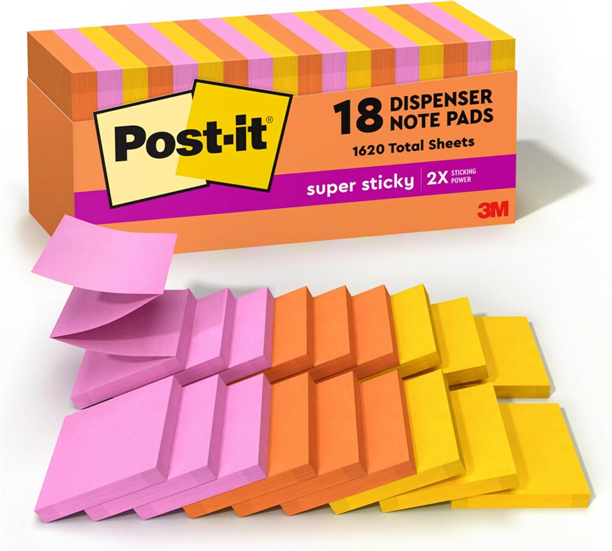 Post-it Super Sticky Dispenser Notes, 3 x 3 in, Neon Fizz, 18 Pads | School Supplies and Office Products, 2X the Sticking Power