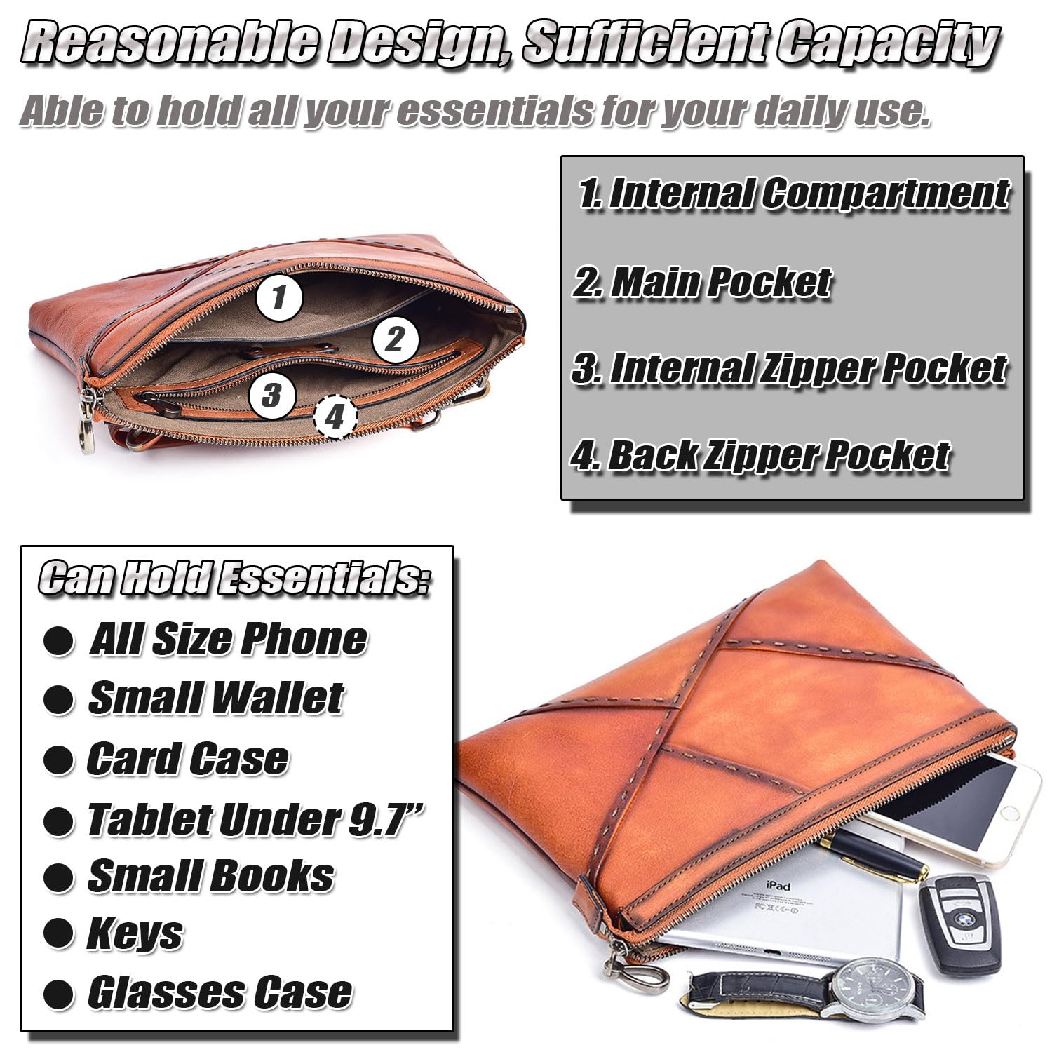 Grand Pochette de Poignet pour Homme, Sac à Main en cuir de vache tanné au végétal, Sacs Business Formelle Hommes Grand Portefeuille Polyvalent Mode Porte-documents