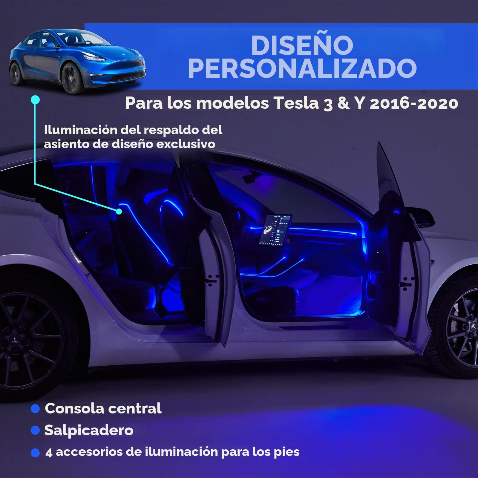2016-2020 Luces Interiores de neón para Autos Tesla Modelos 3/Y (Consola Central+Salpicadero+Respaldo del Asiento+4 Luces de pie) Tira de Luces LED RGB con Varios Modos escénicos