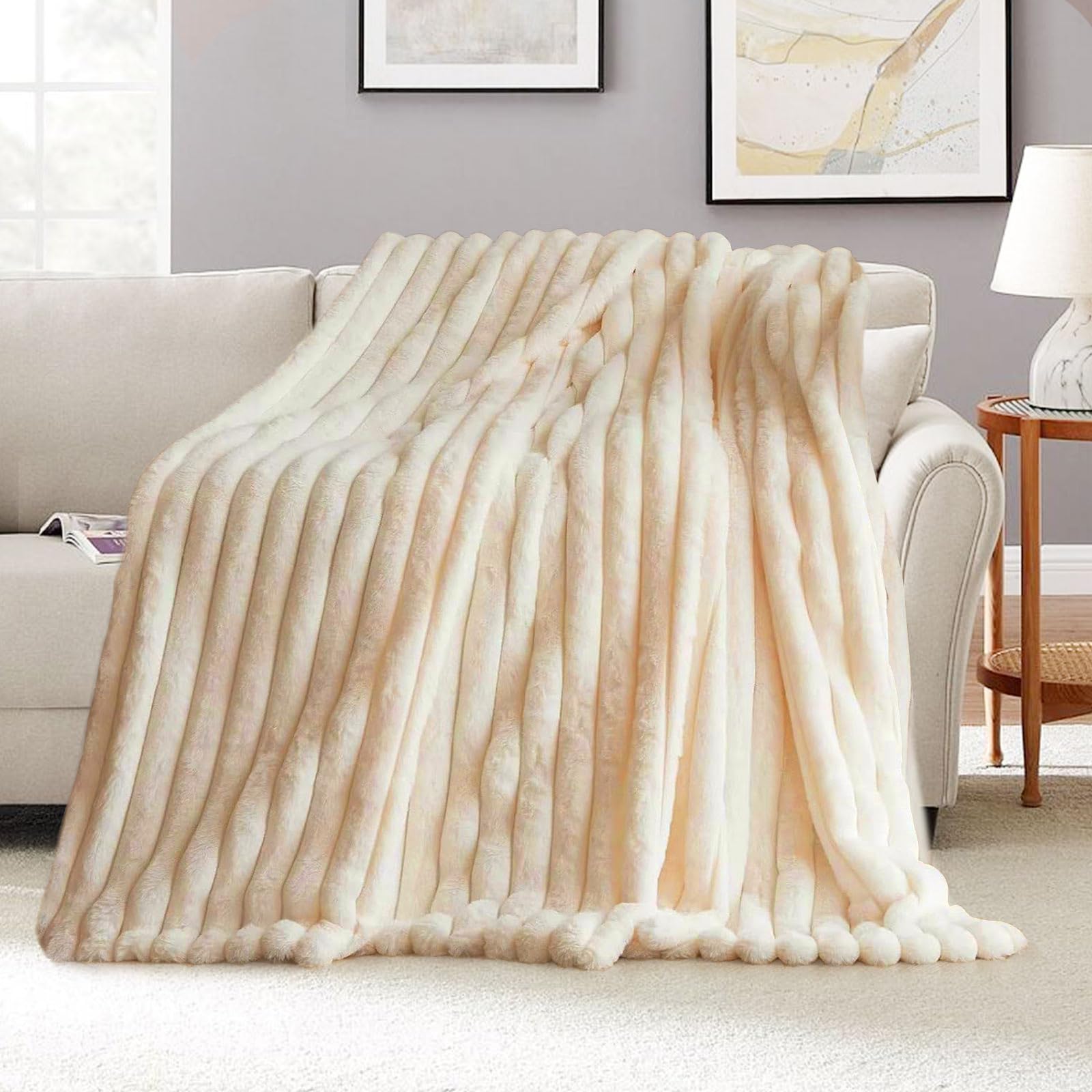 TOPCHANCES Mantas para Cama,Manta De Algodón Extrasuave,Disponible en Todas Las Estaciones 360/180GSM Tejido De Doble Capa Multiusos De Sofá,Cama O De Sala De Estar(Beige,130x160cm)