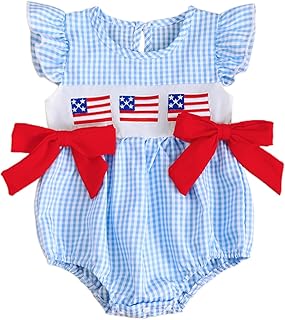 MoZiKQin Baby Girl 4th of July Outfit Newborn American Flag Bubble Romper Bowknot Ruffle Bodysuit Smocked Baby Clothes