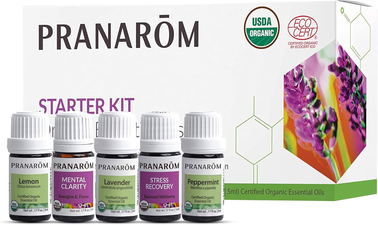 Pranarom – Essential Oil Starter Kit (Lavender, Lemon, Peppermint, Grapefruit, Sage) 5ml USDA Certified Organic