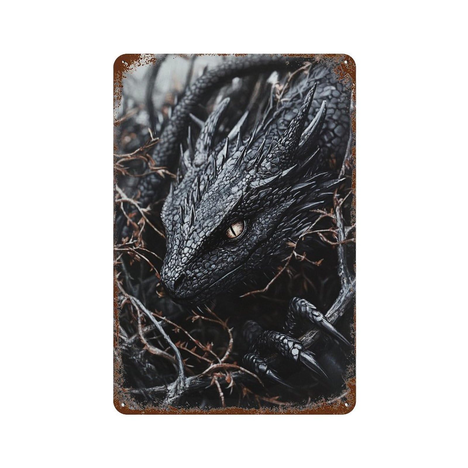 Rust Effect Black Dragon Fantasy Artwork Rustic Tin Plaque 11.8"x7.9", Classic Wall Plaque for Shed, Workshop And Garage Wall Decor