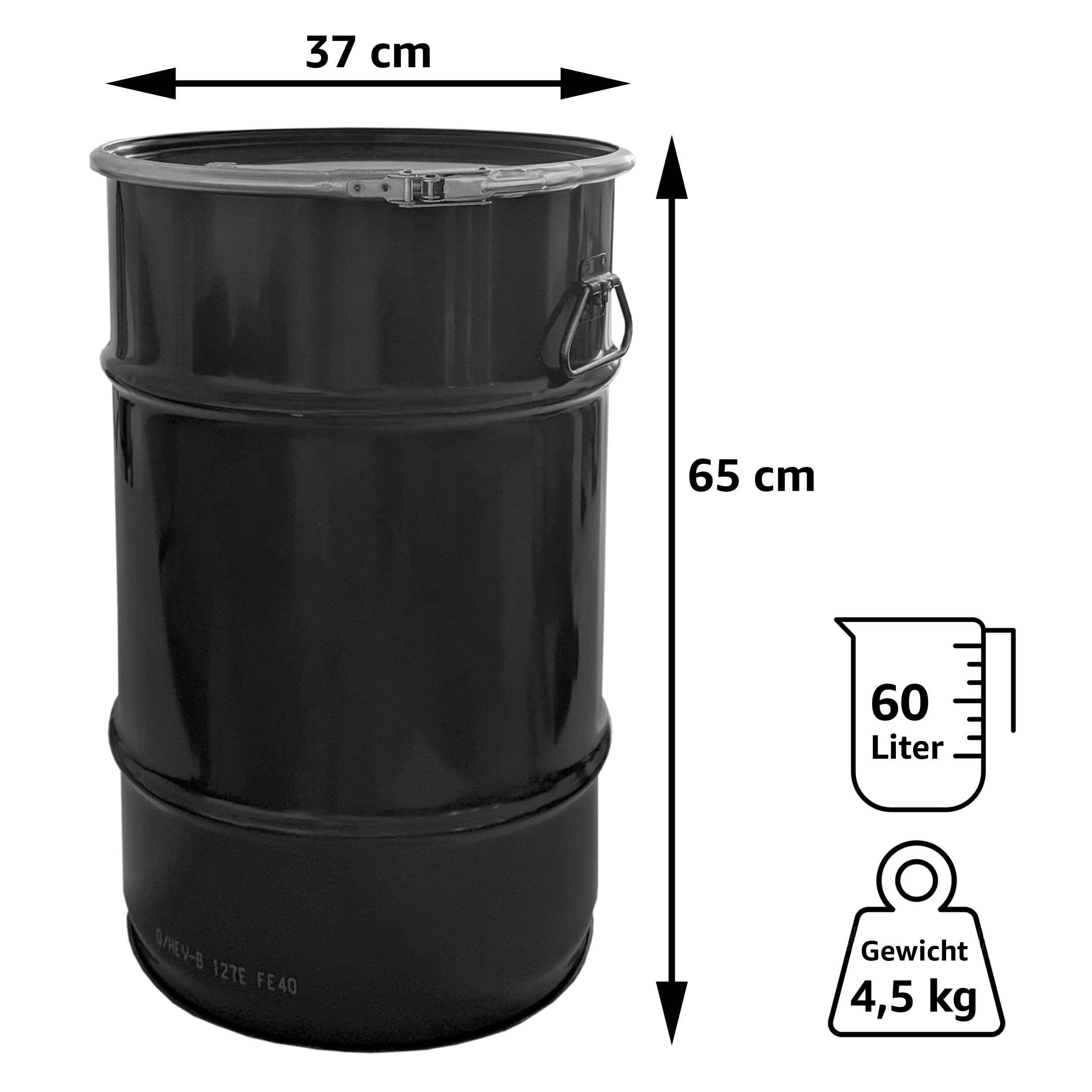 plasteo Hobbock Récipient de 60 l - Noir profond - Homologation UN - Fabriqué en DE, stockage, transport et stockage - Robuste - Stable - Verrouillage hermétique
