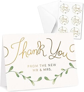 Rileys & Co Thank You Wedding Cards with Envelopes & Stickers, 100 Bulk Pack, Silver Foil, Mr and Mrs Thank You Notes Bulk Cards, | Thank You From the New Mr & Mrs. (Gold)