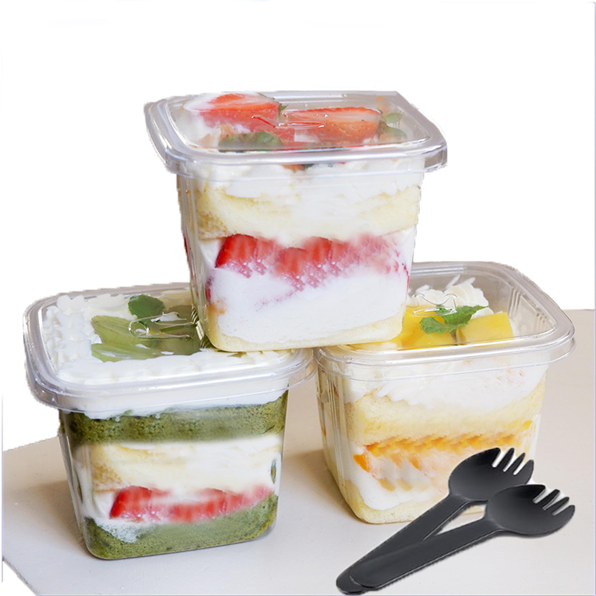 20 PCS 8 oz Square Clear Plastic Dessert Cups ?with Lids Sealing Sporks and Stickers, Reusable Parfait Appetizer Cups,Parfait Cups To Go Food Containers for Pudding Fruit Mousse Yogurt and Short cake.