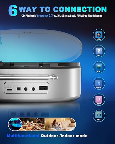 Miniatura 7 de Reproductor de CD portátil con altavoces estéreo duales, 4000 mAh recargable de escritorio Bluetooth 5.3 Boombox para el hogar y el automóvil, radio