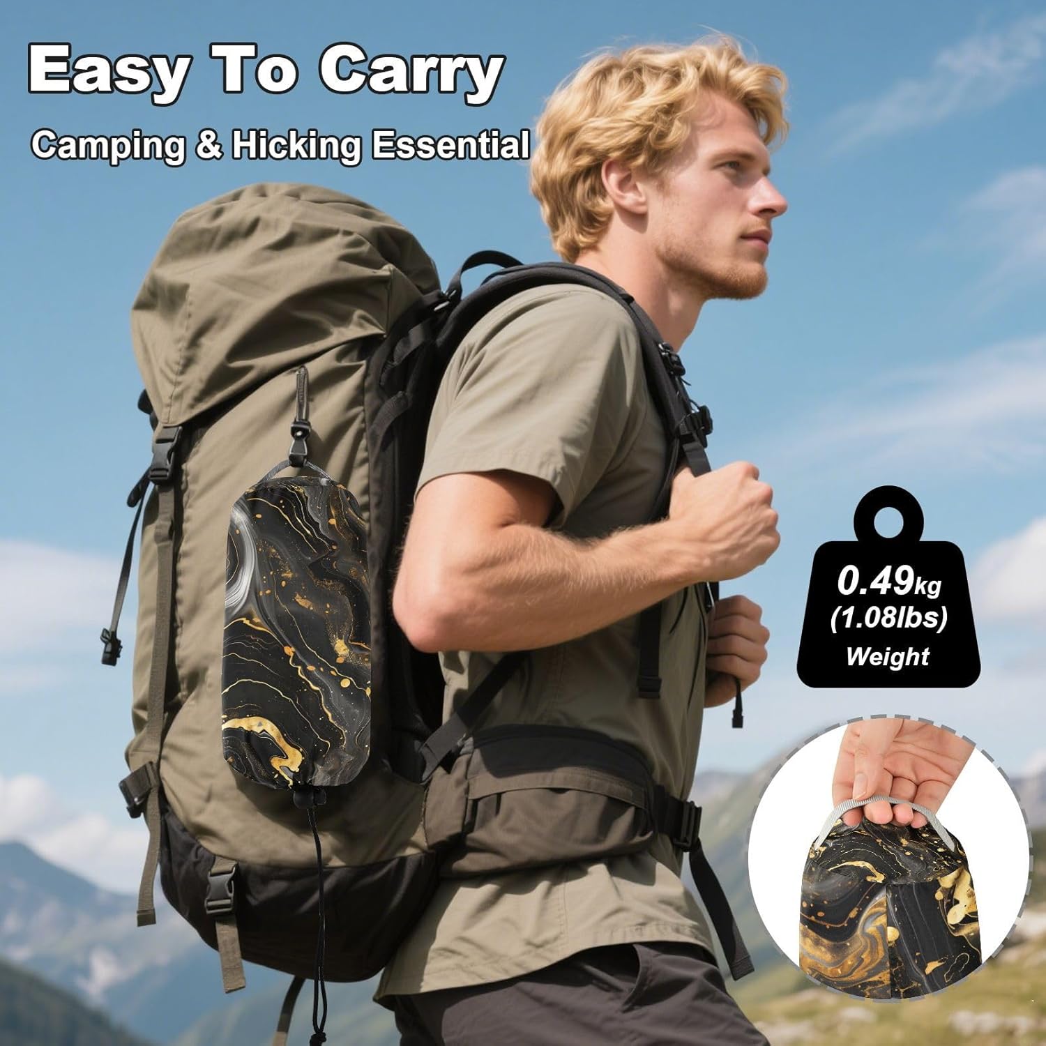 ALAZA Luxury Black & Gold Marble Camping Hammocks Single or 2 Person 500 lbs Portable Parachute Travel Hammock w/Tree Straps for Hiking Backpacking Indoor Outdoor