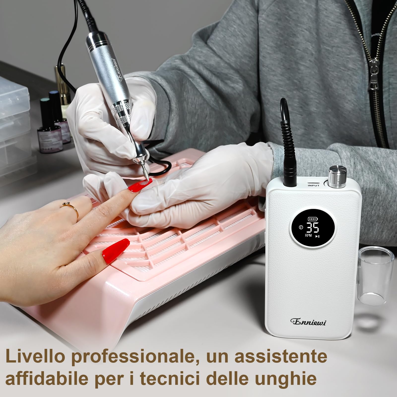 Fresa per Unghie Professionale 35000RPM per Unghie in Gel, Trapano Elettrico Ricaricabile con Display LED, Portatile, Kit Professionale per Manicure e Pedicure per Casa e Salone, 48W, Bianco