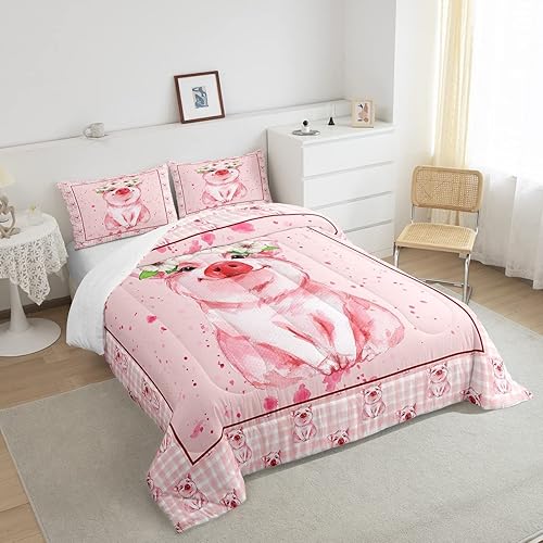 Miniatura 3 de Erosebridal Juego de ropa de cama de cerdo encantador para niñas, juego de edredón floral de flores tamaño matrimonial, edredón de cuadrícula rosa a