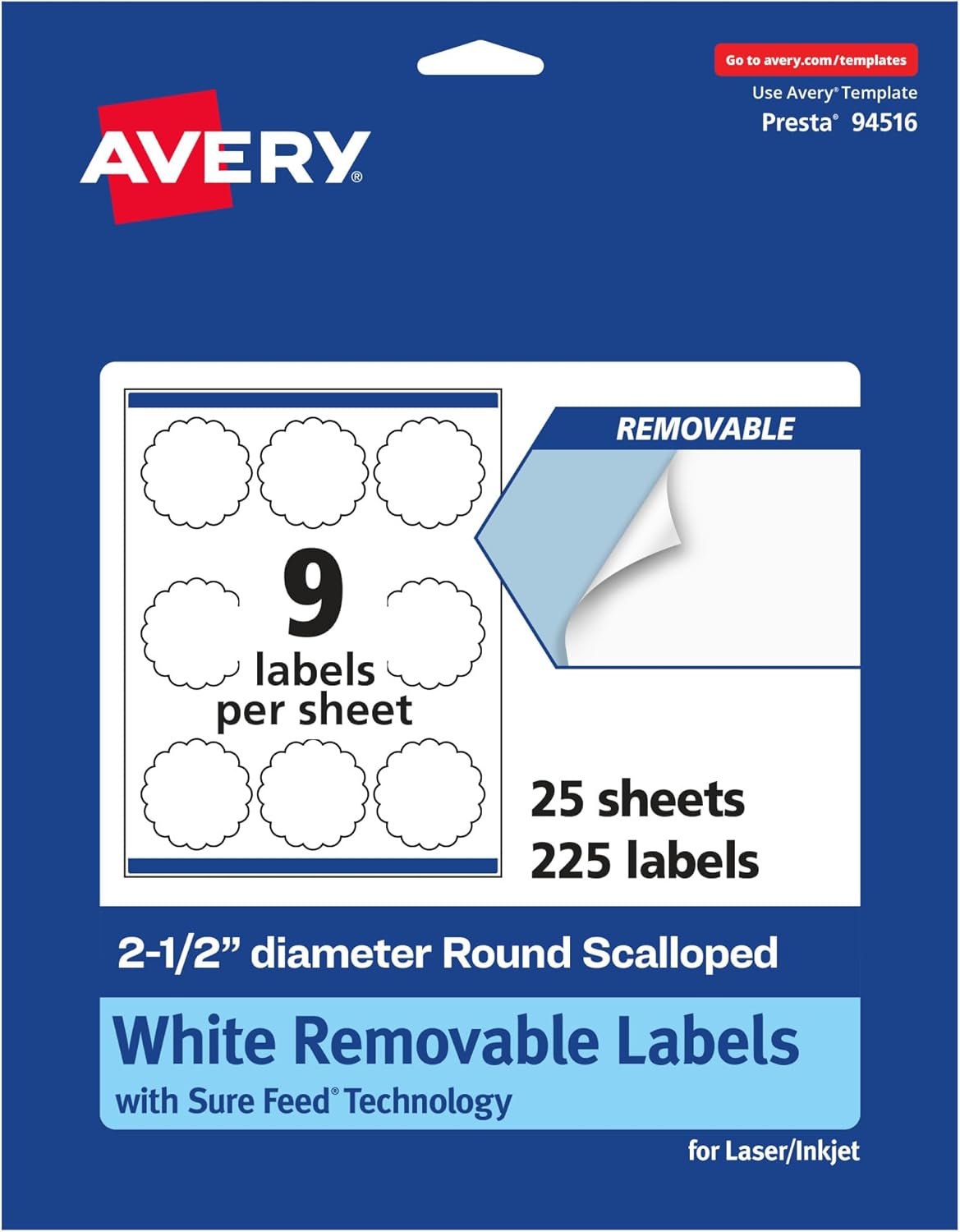 Avery Matte White Removable Round Scalloped Labels, Sure Feed Technology, Print-to-The-Edge, 2.5" Diameter, 450 Removable Labels, Laser/Inkjet Printable