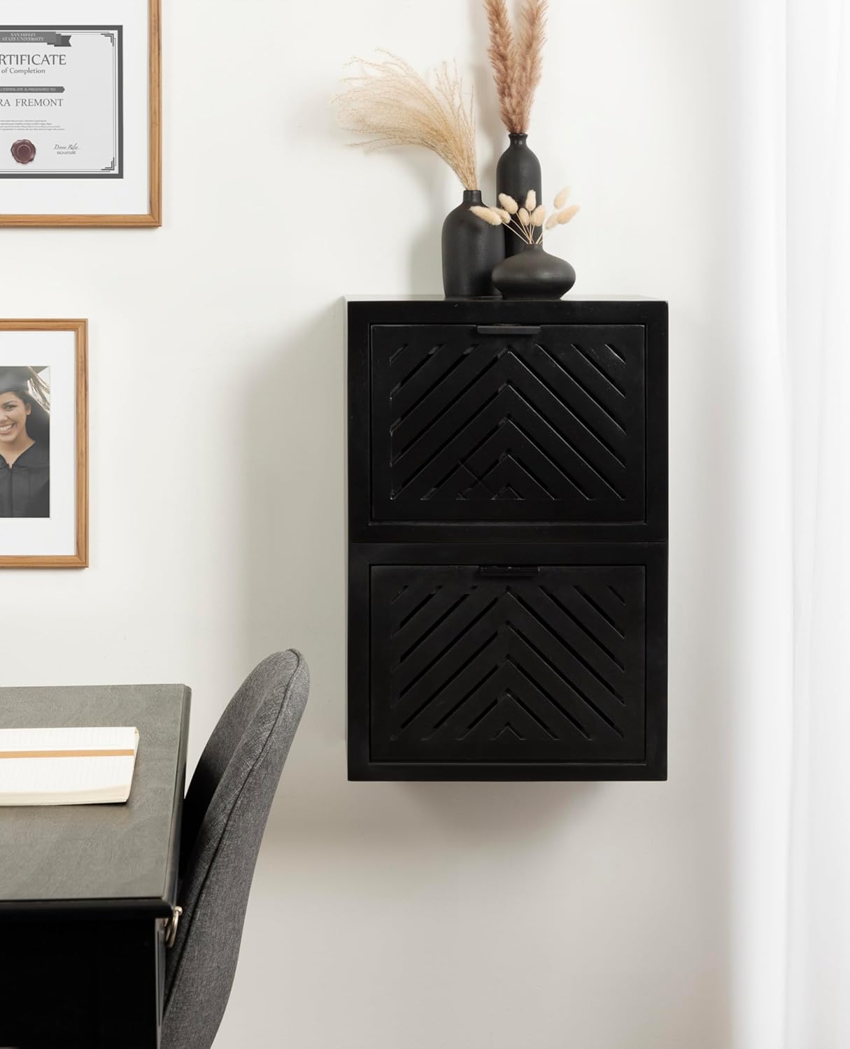 Kate and Laurel Mezzeta Modern Floating Shelf Side Table with Storage Cubby; 16 x 10 x 12; Black; Decorative Slatted Wood Floating Nightstand with Pull Down Door for Use as Bathroom Storage