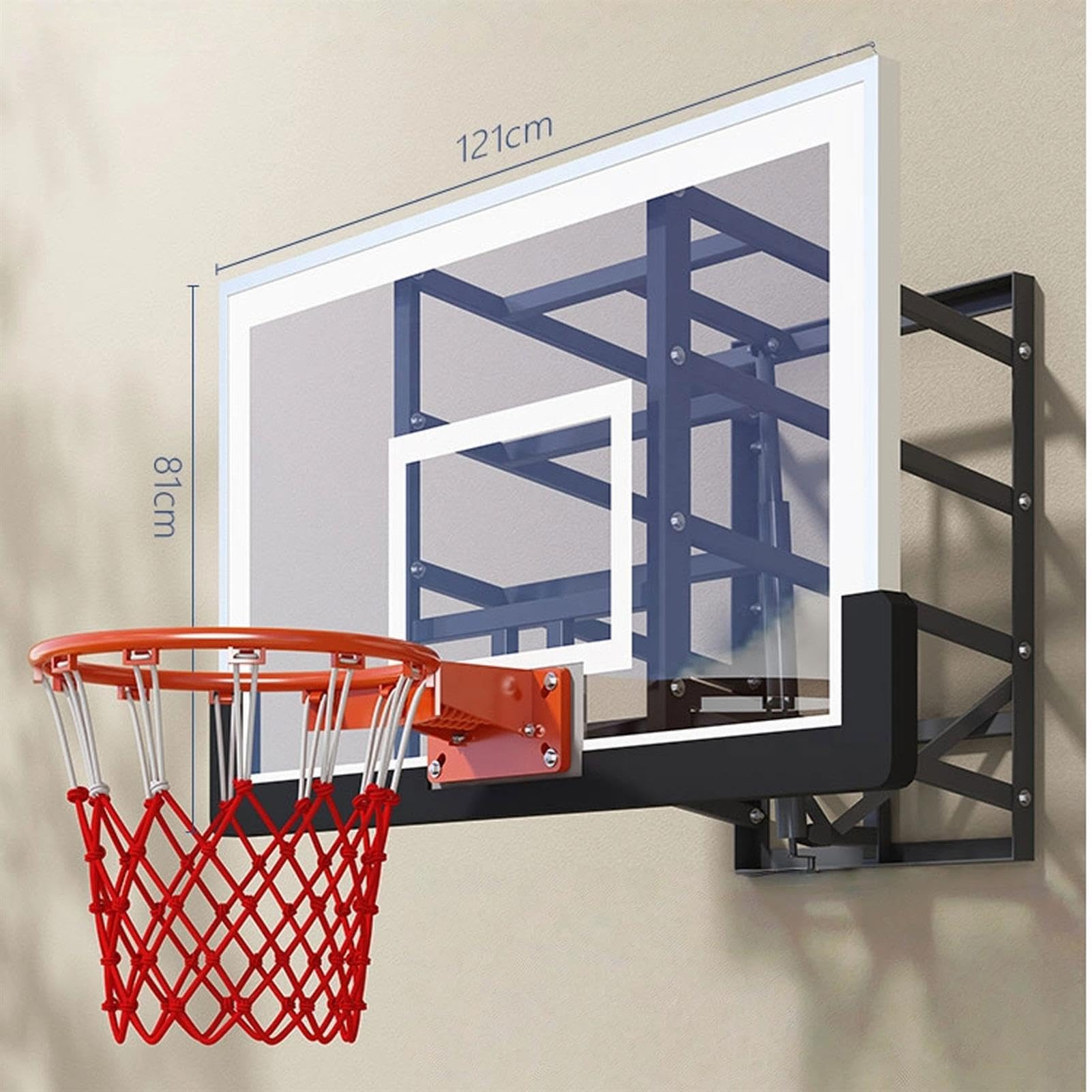 Aro de baloncesto para exteriores de altura ajustable, soporte de pared con tablero de vidrio templado para gimnasios, garajes, escuelas, ideal para adolescentes y adultos