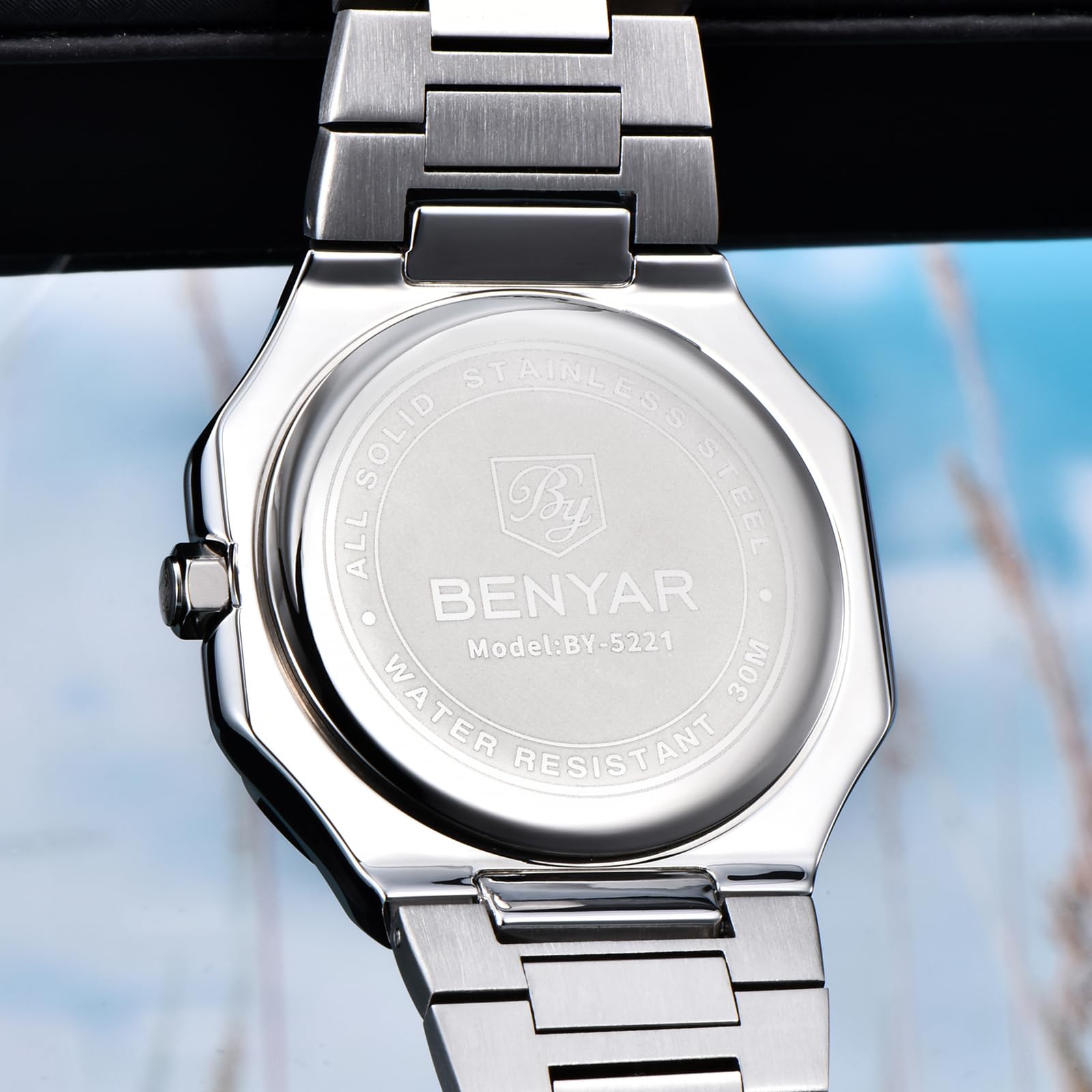 BENYAR Orologio da uomo al quarzo, 37 mm, in acciaio inox, con data, giorno, fasi lunari, cristallo Hardlex, orologio da polso casual sottile BY-5221