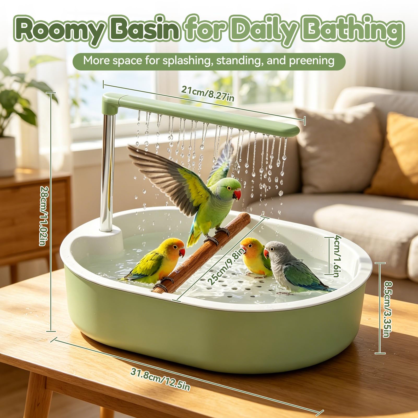Vogeldusche Wellensittich, Vogel Badewanne mit Dusche, USB-betriebenes Vogelbad mit Wasserzirkulation, Vogel Badehaus mit Sitzstange, Rutschfester Boden, für kleine Vögel und Wellensittiche