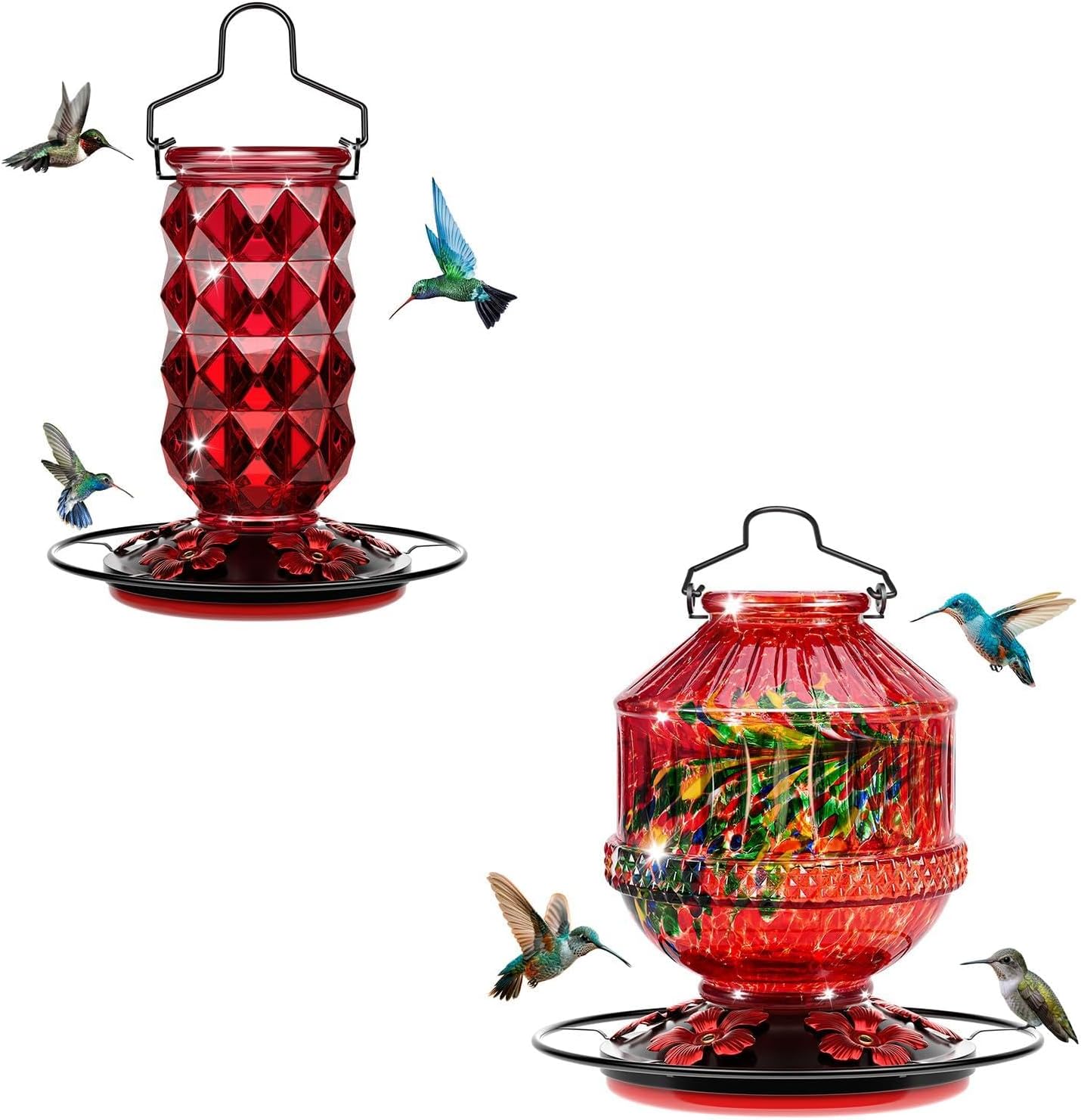 Glass Hummingbird Feeders for Outdoors, Wild Bird Nectar Feeder with Perch & 5 Flower Feeding Ports Leak Proof Hanging for Garden Backyard Decor, Gifts for Women Mom