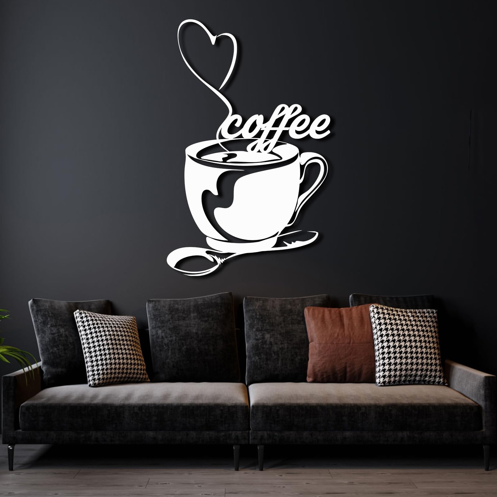 Schwarze Kaffeetasse aus Metall als Wanddekoration, Herzförmiger Löffel aus Metall als Wanddeko für Cafés, Moderne Kaffeeskulptur für Wohnzimmer, Schlafzimmer, Flur, Heimdekoration (Gold 30"