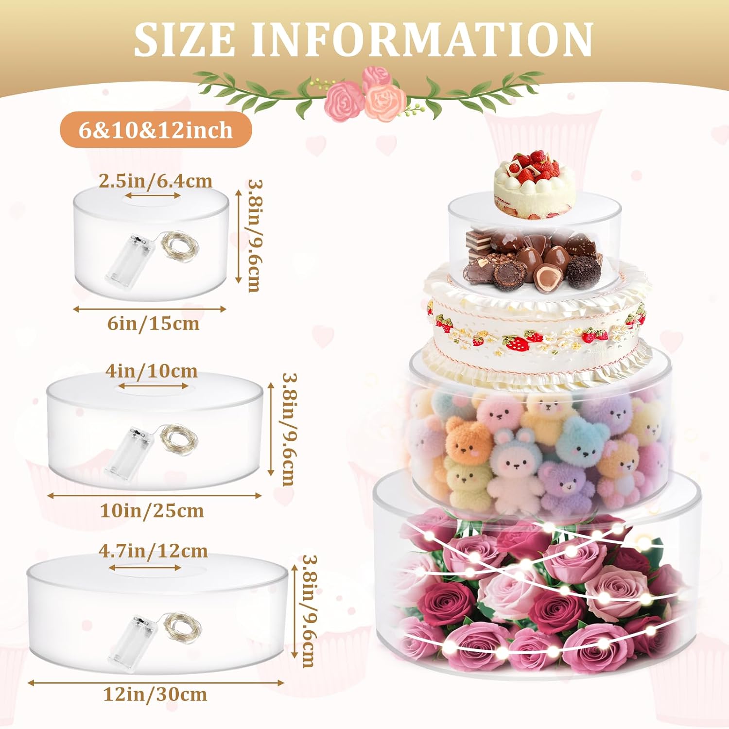 3Pcs Acrylic Cake Display Stand 6'' 8'' 10'' Round 3 Tier Clear Cylinder Cake Box for Wedding Birthday Party Decor (6 / 10 / 12 Inch)