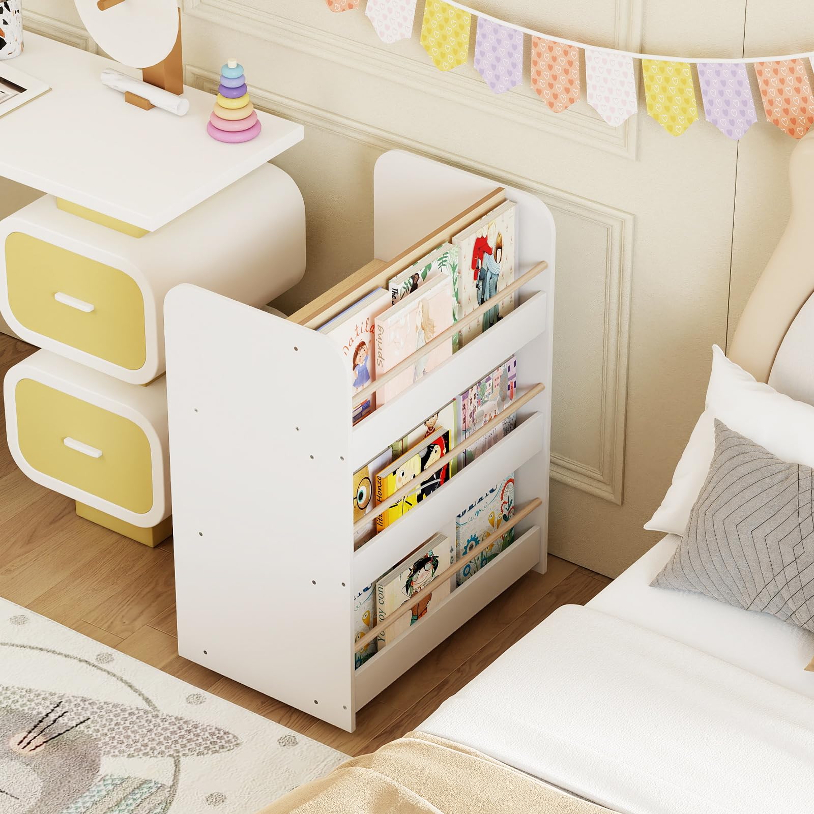 COSTWAY Bibliothèque Enfant Double Face avec 3 Étagères et 5 Casiers Ouvertes, Étagère à Livres Enfant avec 4 Roues, Kit Anti-basculement, Organiseur de Jouets pour Salle de Jeux Crèche