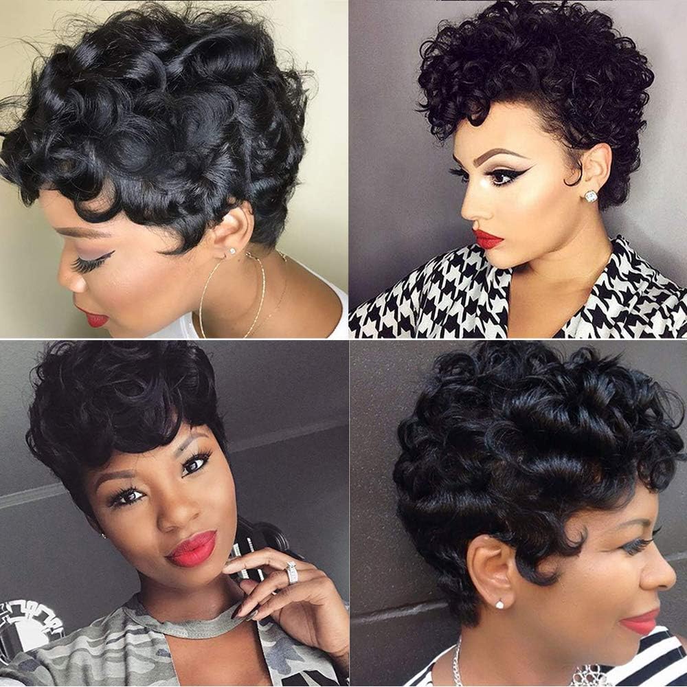 Short Pixie Cut Wigs for Black Women 100% Short Human Hair Wigs with Bang Short Black Wigs Brazilian Hair Short Wigs Water Curly Wave Wigs Short Curly Pixie Wigs for Black Women Human Hair