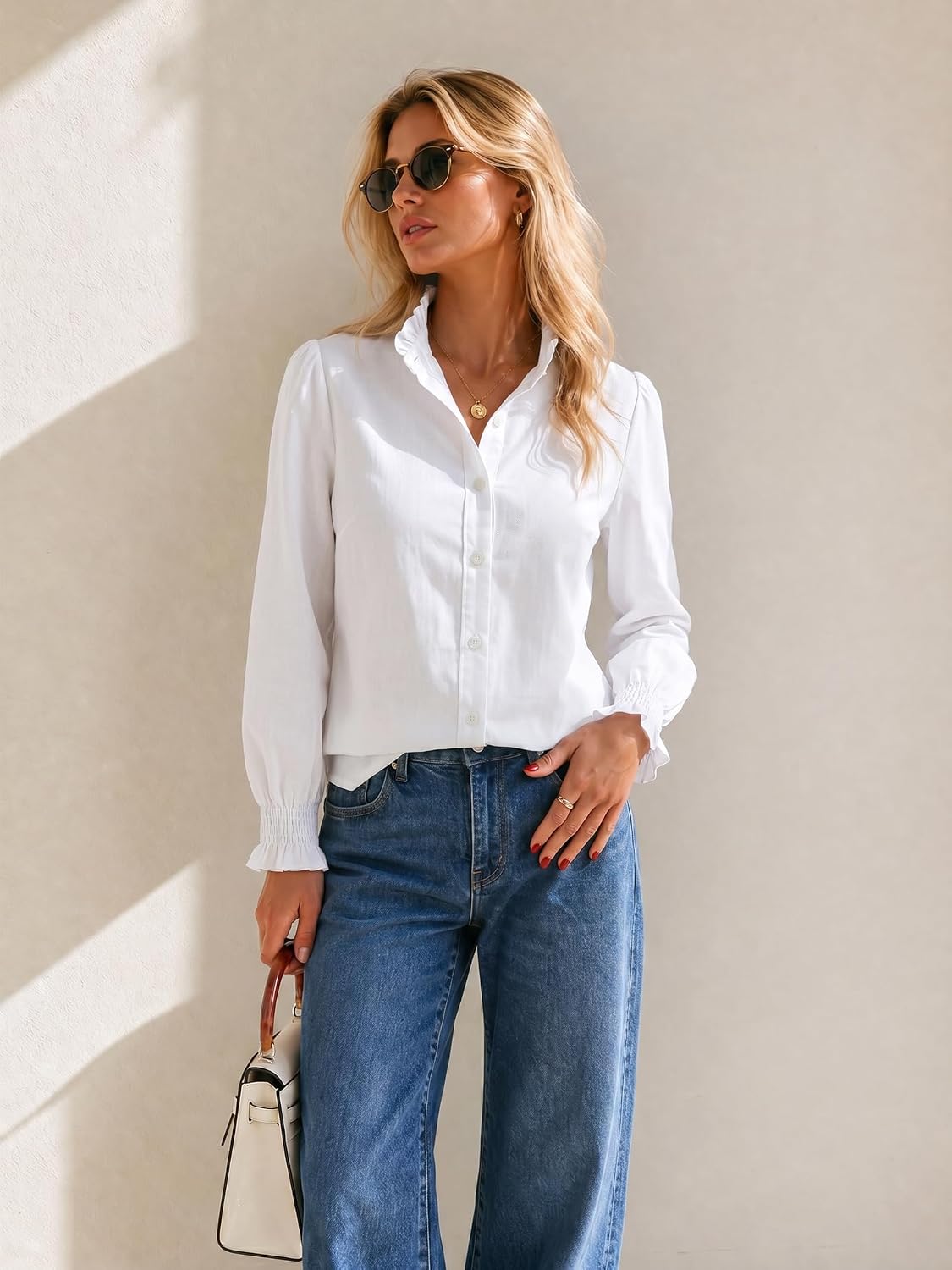 Funlingo Women's Striped Button Down Shirts Long Sleeve Smocked Cuffed Ruffle Collar Blouses Spring Work Business Casual Tops