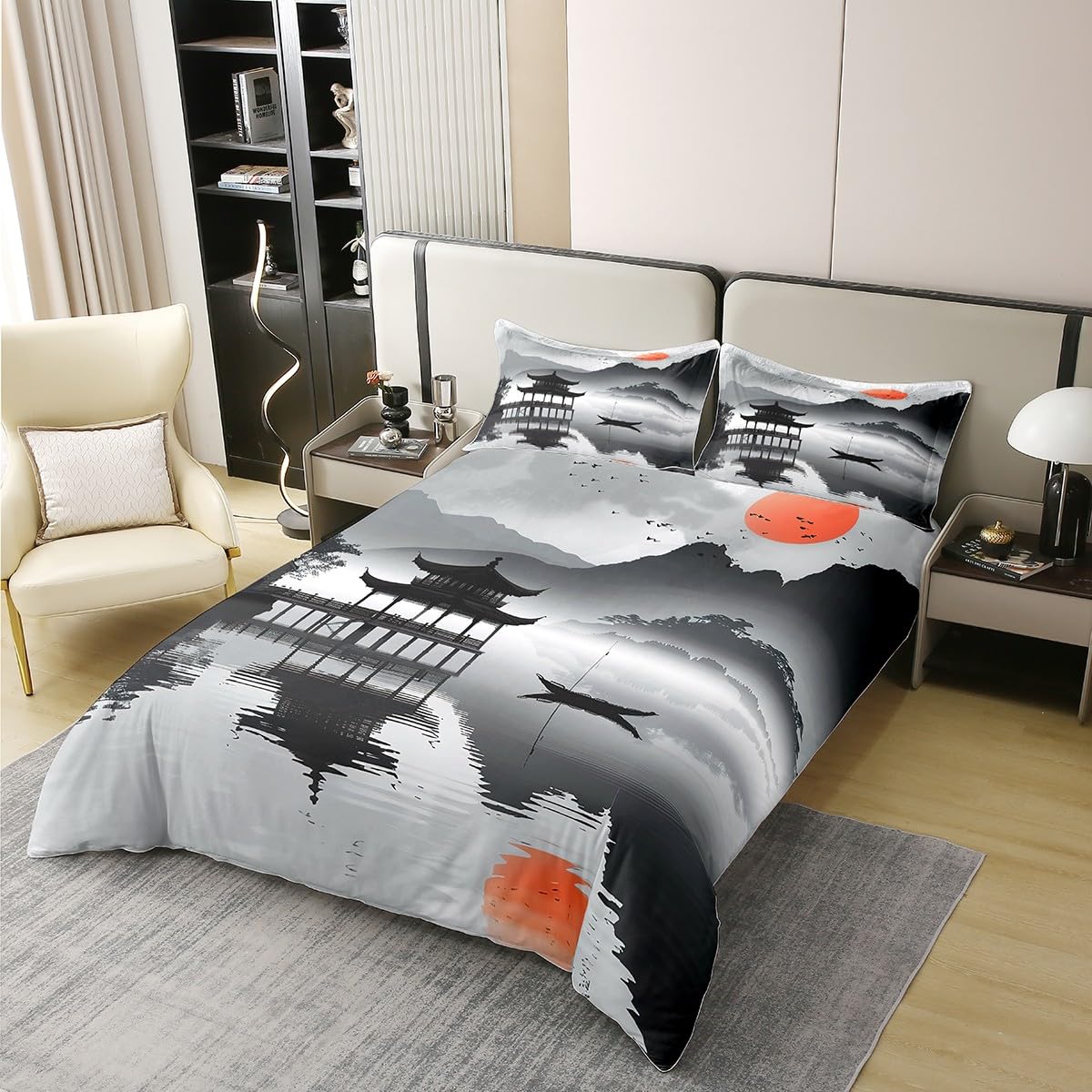 Loussiesd Japan Themed 100% Baumwolle Bettwäsche Set 135x200cm Jungen Mädchen Landschaft Bettbezug Set Für Kinder Frauen Männer Ultra Pavilion Betten Set Sonnenuntergang Bettwäsche-Set Betten Set
