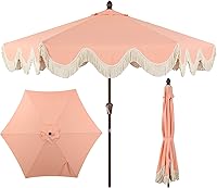 JONATHAN Y UMB1001 Collins 9 ft Cottage Tassel Patio Umbrella - Auto-Tilt Crank, Wind Vent, UV Protection, Coral Pink Fringe