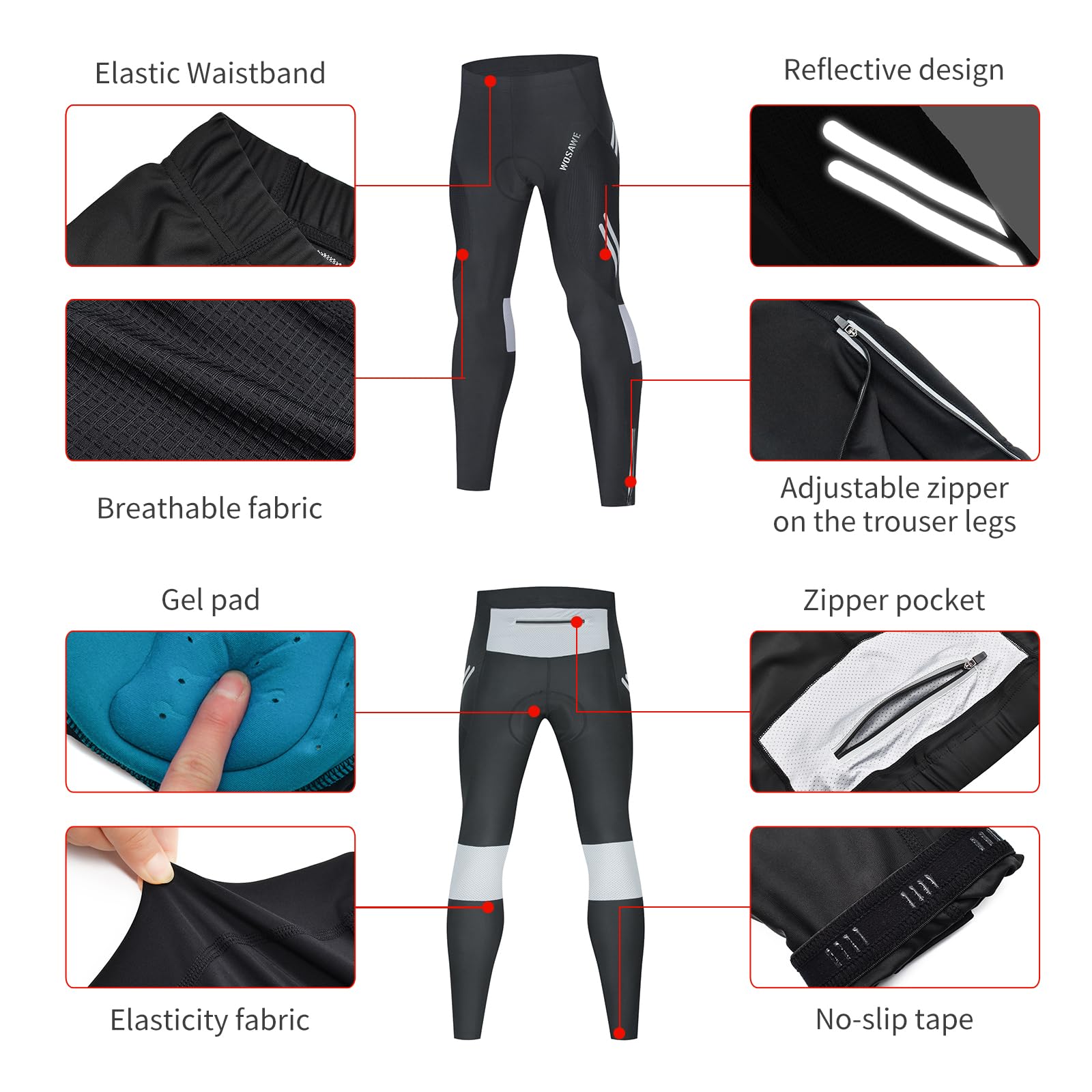 WOSAWE Hombres Ciclismo Spodnie Largos Oddychające Bicicleta Babero Spodnie Legginsy Con 3D Acolchado de Asiento