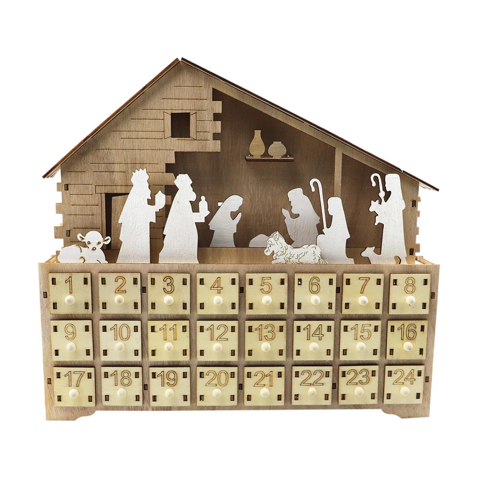 KIXZSAZ Wooden Advent Calendar With Drawers Organize Christmas Countdown With Style Nativity Advent Calendar Lighting Up 24 Calendars With Drawers