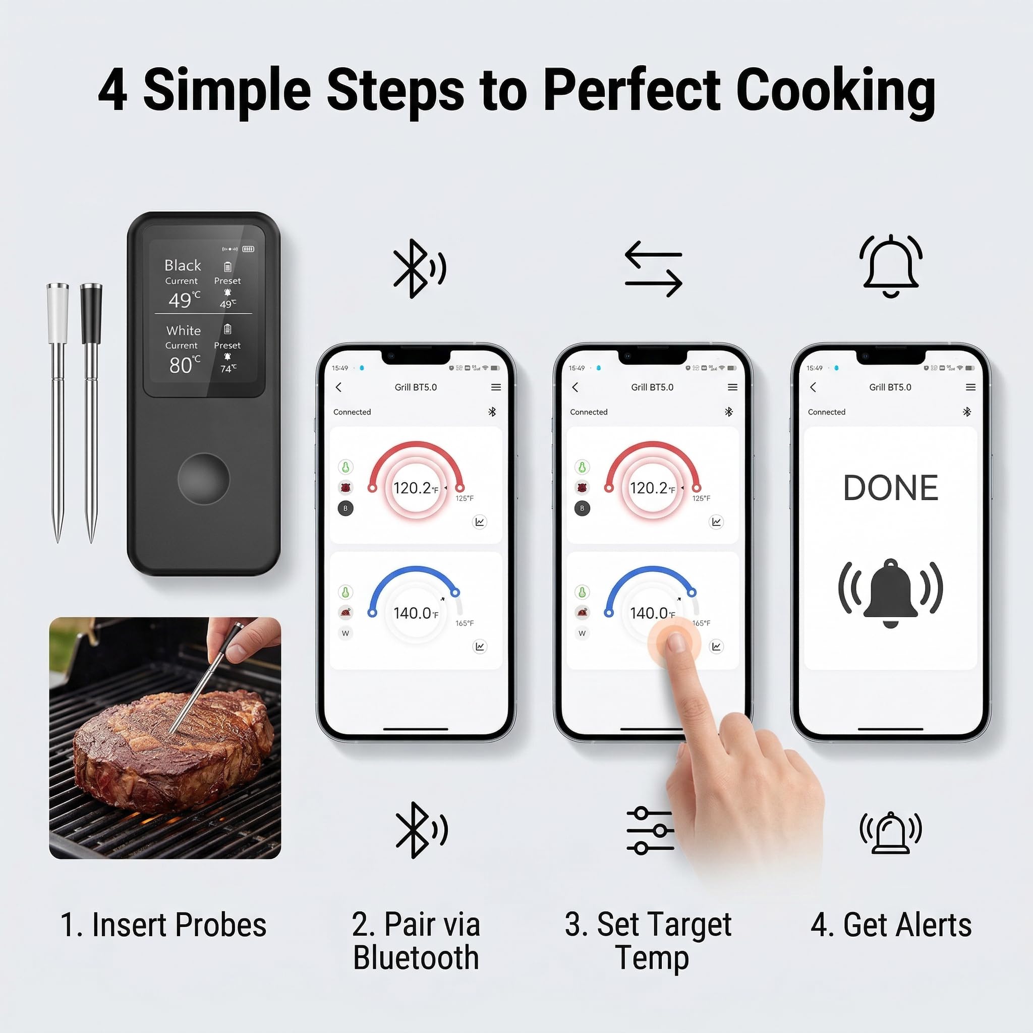 Berrcom 2.4 Inch Wireless Meat Thermometer with Dual Probes, Bluetooth Meat Thermometer with 500FT Range, 400°C Heat-Resistant Probe, Smart App with 12 Presets for Grilling BBQ Oven Smoker