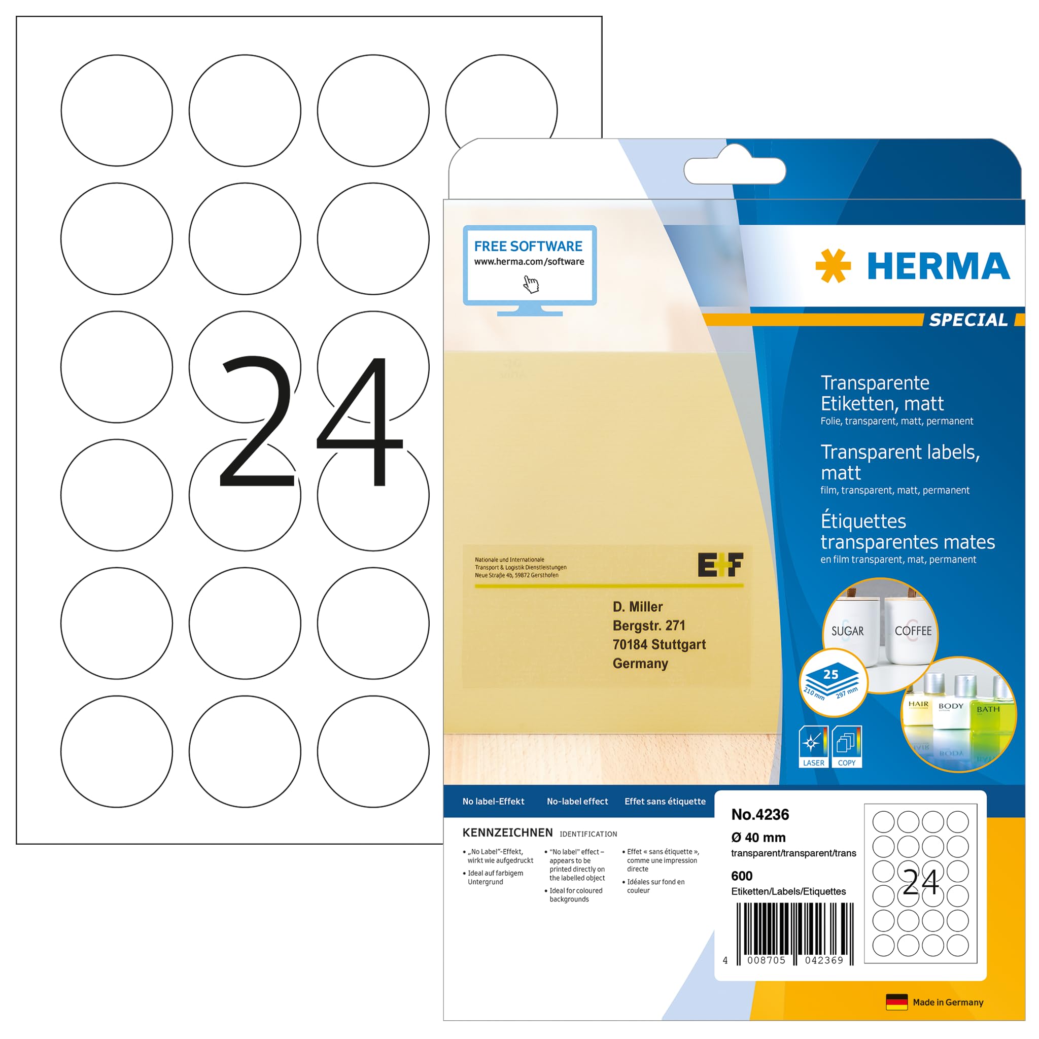 HERMA Self Adhesive Clear Film Labels, 24 Labels Per A4 Sheet, 800 Sheets, 70 X 37 Mm, 19200 Labels, Blank Weatherproof Labels Stickers, Sticky Labels For Laser & Inkjet Printer, Transparent