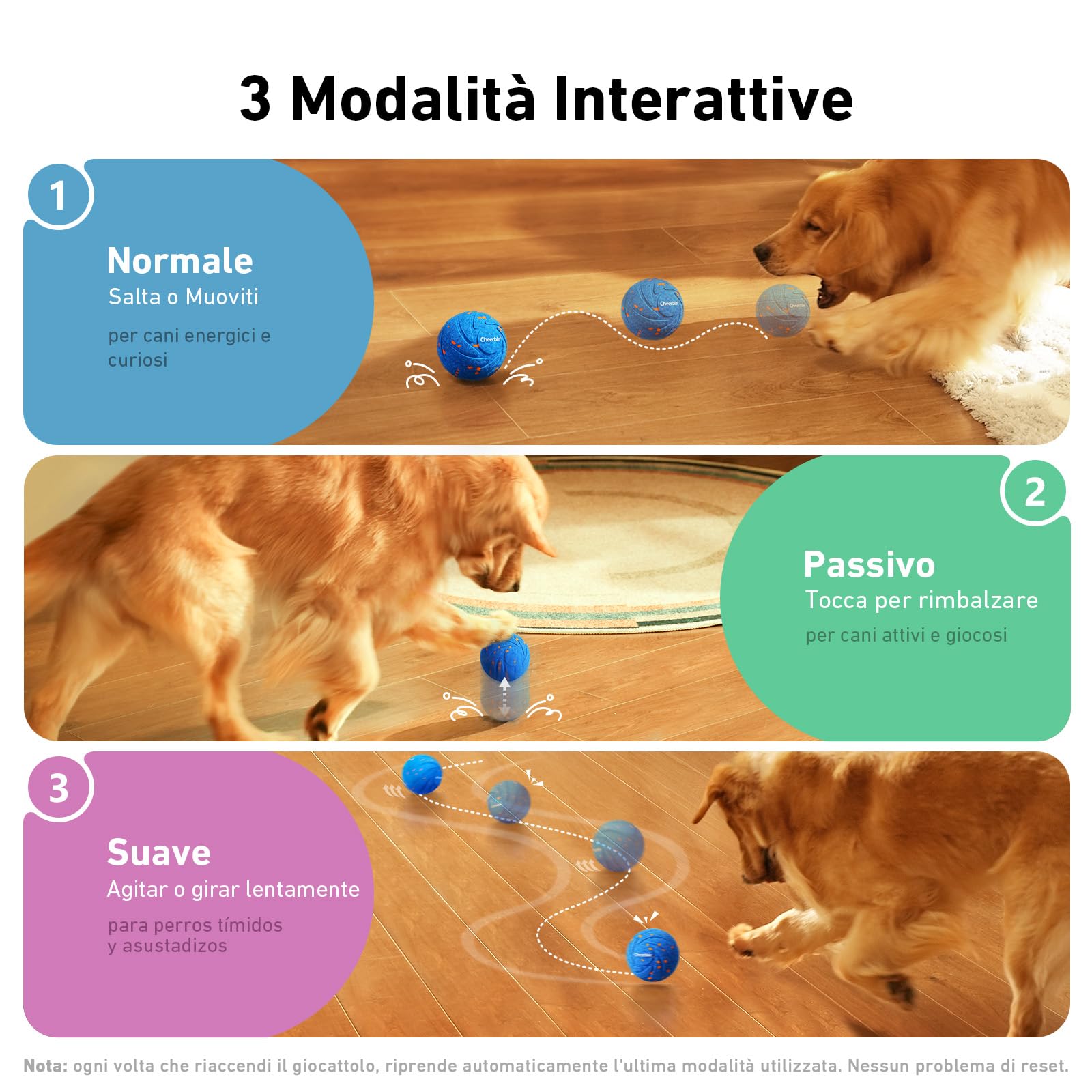 Cheerble Palla interattiva per cani Wicked Ball Air Self Moving Dog Ball con 3 modalità interattive, giocattolo intelligente per cani, regalo di compleanno con luci a LED, blu