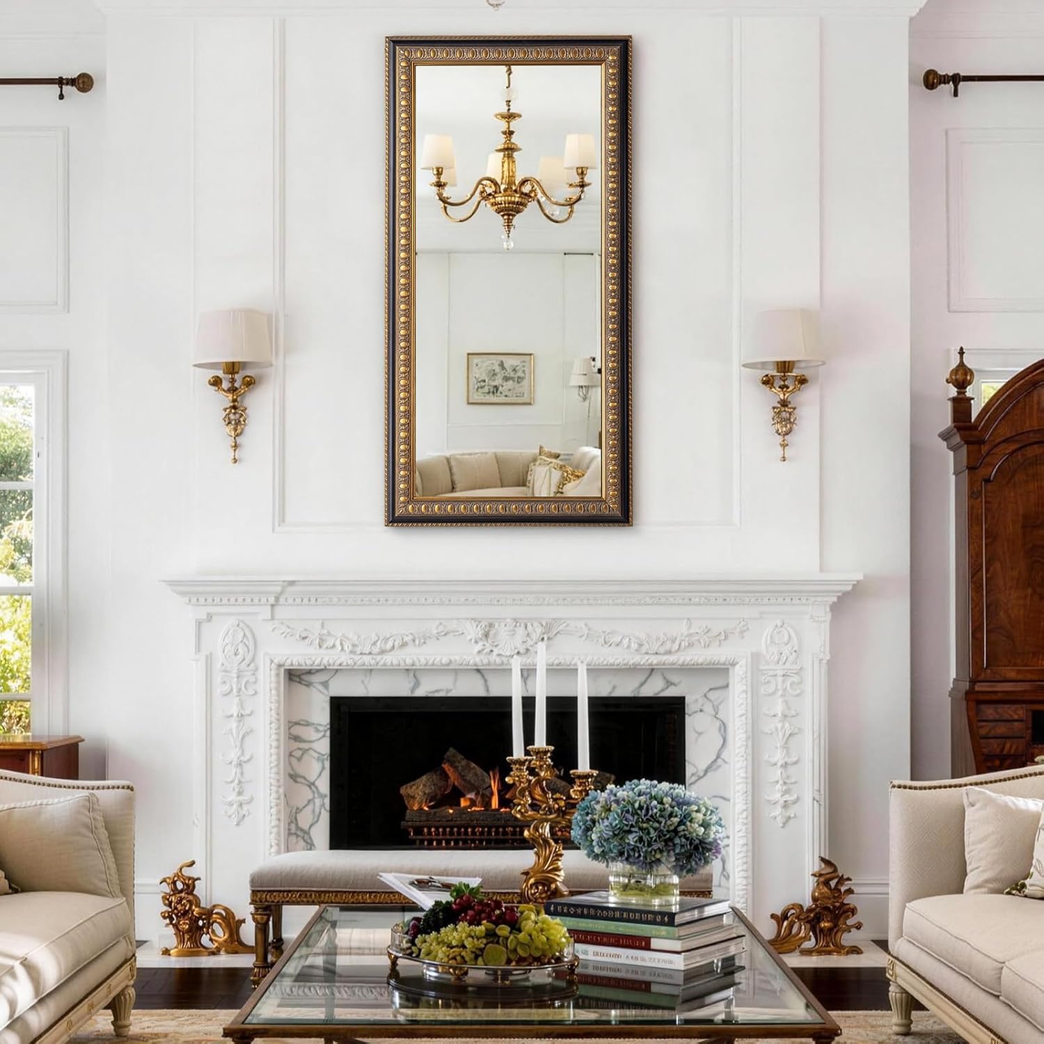 48" L x 24" W Large Gold Mirror for Wall, Rectangular Decorative Mirrors Wall Decor with Baroque Ornament Wood Frame, Long Narrow Mirror for Bathroom Entrance Hallyway Power Room