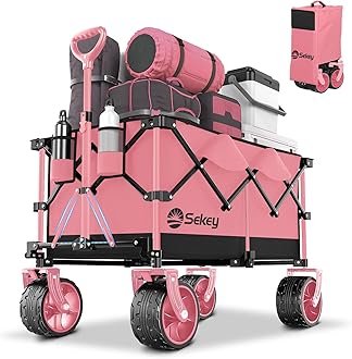 Sekey 220L Collapsible Foldable Wagon with 330lbs Weight Capacity, Heavy Duty Folding Utility Garden Cart with Big All-Terrain Beach Wheels & Drink Holders. Black&Pink