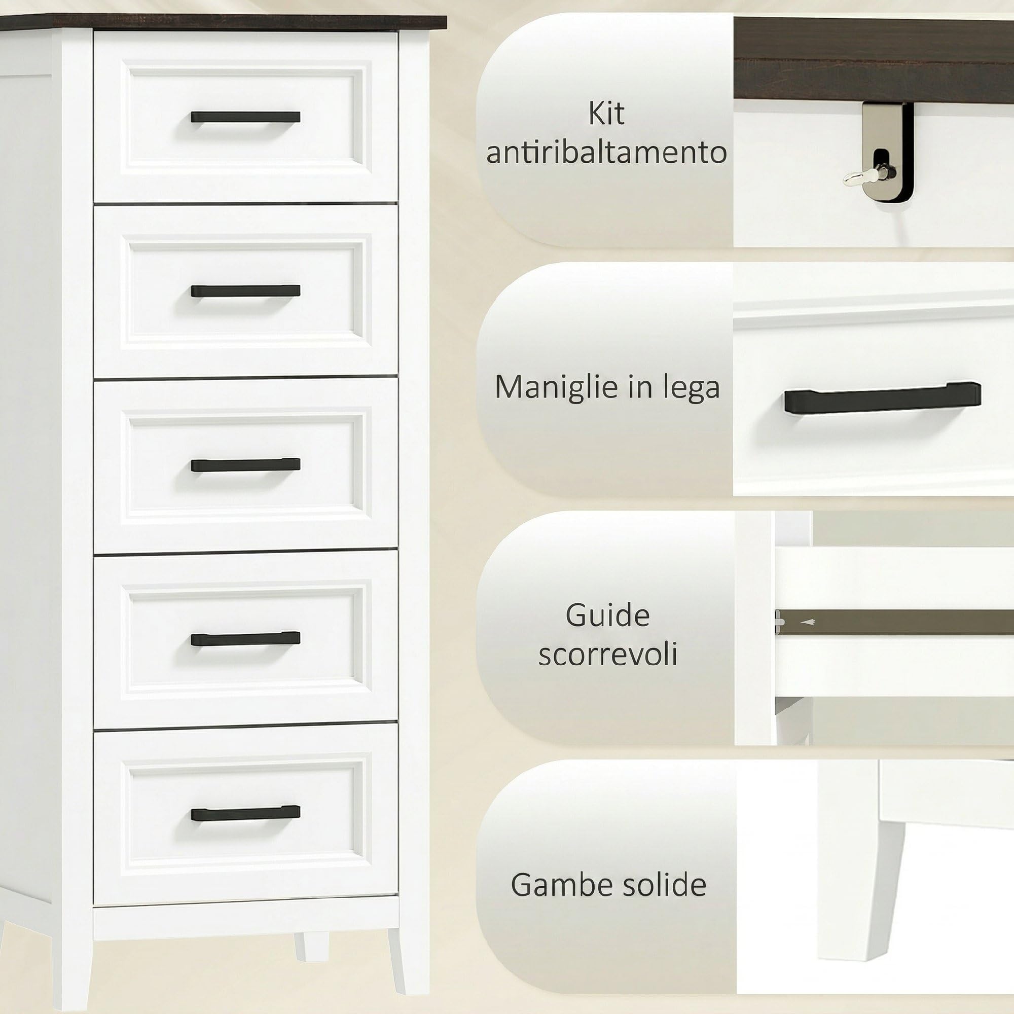 HOMCOM Cassettiera Camera da Letto Stretta Alta con 5 Cassetti, Comò Camera da Letto con Piano Effetto Legno, Cassettiera Salvaspazio per Soggiorno Corridoio Ingresso, 45x35x106 cm, Bianco