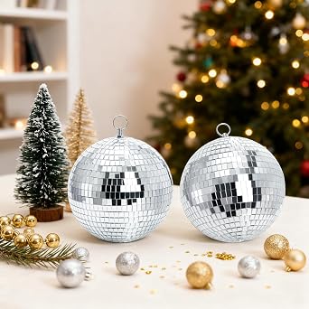 2 Pack Disco Ball, 7 Inch Large Silver Hanging Mirror Ball