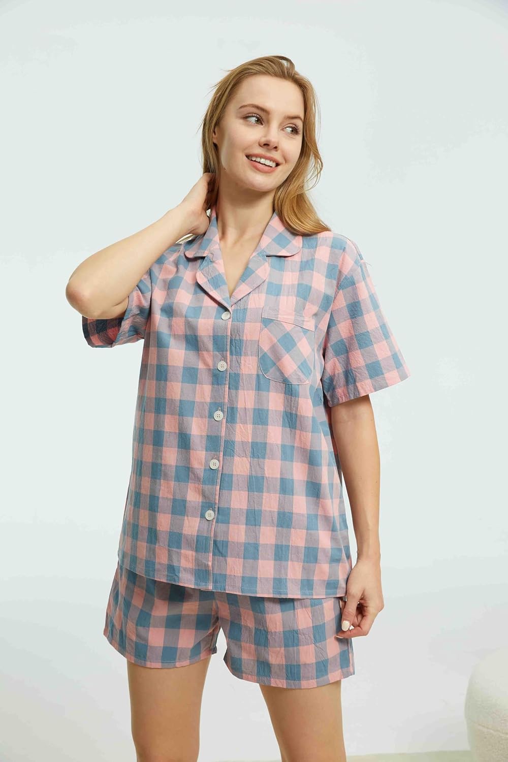 HiddenValor Women's 2 Piece Cotton Pajama Set, Short Sleeve Button Down Sleepwear Shorts Lounge Sets With Pockets - Image 8