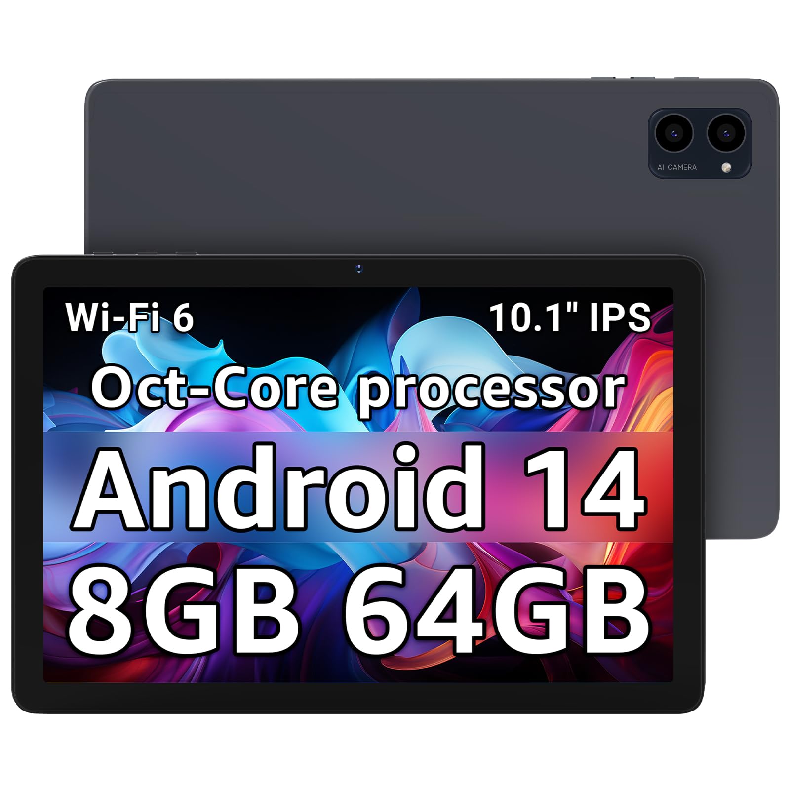 Tableta de 10,1 pulgadas, tabletas Android 14 con procesador Octa-core, 8 GB + 64 GB de almacenamiento ampliable hasta 1 TB, pantalla HD IPS, batería de larga duración, WiFi6, tableta rápida y portátil para el trabajo y el entretenimiento