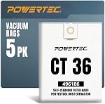 POWERTEC Shop Vacuum Bags 5PK for Festool CT 48 Dust Extractor, Replacement Fleece Filter Bags for Festool 497539 Shop Vacuum Dust Collection Bags, Shop Vacuum Accessories for Festool (75055)