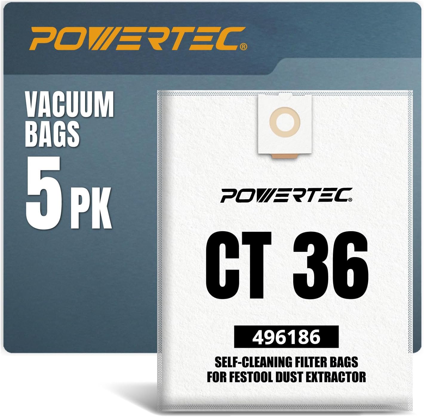 POWERTEC 75038 CT 36 Bags | Replacement Self-Cleaning Filter Bag | 5 Pack