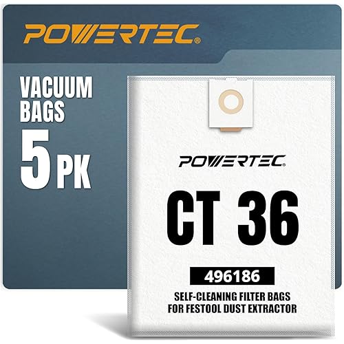 POWERTEC 496186 Self-Clean Filter Bag for Festool CT36, CT36E Dust Extractor, 5PK, Replacement Vacuum Bags, Filter Bags for Festool (75038)