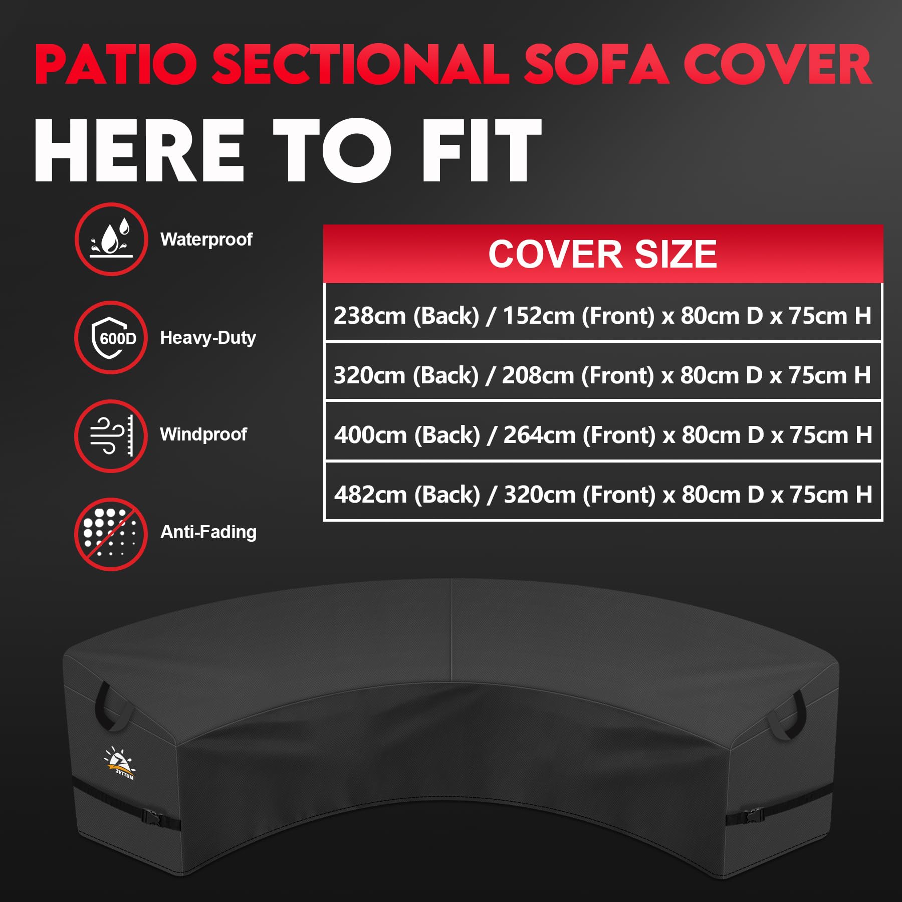 Zettum Funda para Conjunto de jardín 401L x 264R x 81W cm – Funda en Forma de C para Exteriores, Fabricada con Tejido Impermeable 600D, Cubierta Protectora para mobiliario de Exterior.