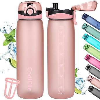 CodiCile Drinking Bottle 1 L Water Bottle 1 L BPA-Free Leak-Proof 1 Liter Drinking Bottle Tritan Sports Bottle with Filter for Fitness Running School Outdoors Rose Gold
